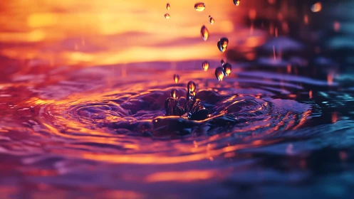 Sunlit ripples and falling droplets in glowing water scene.