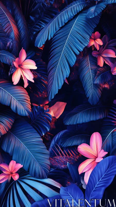 Neon-Illuminated Tropical Flora Against Deep Background.