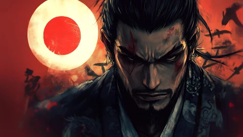 Samurai portrait set against red sun and abstract background