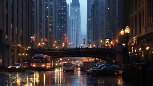 Rain-soaked downtown street under bridge and city lights.