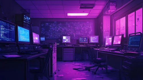 Neon-lit cyber operations center renders network analysis in violet
