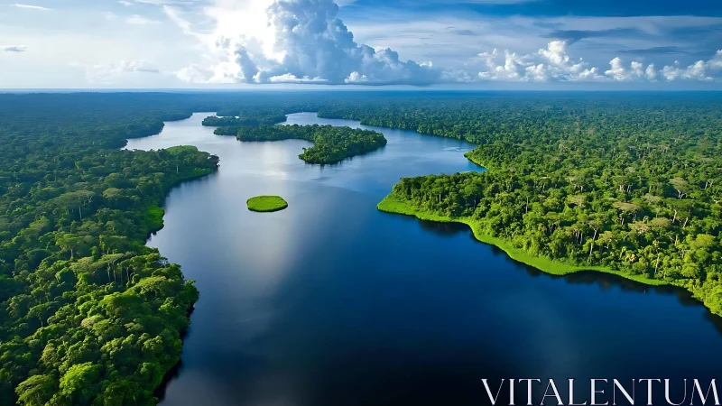 Wide tropical river bends through dense green rainforest.