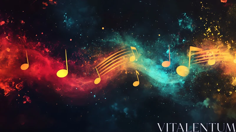 Colorful musical notes swirl through a cosmic nebula sky.