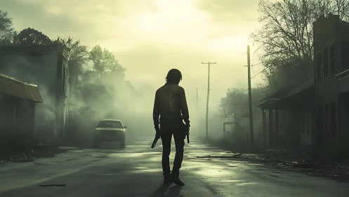 Lone survivor strolls through fog‑drowned, forsaken streets