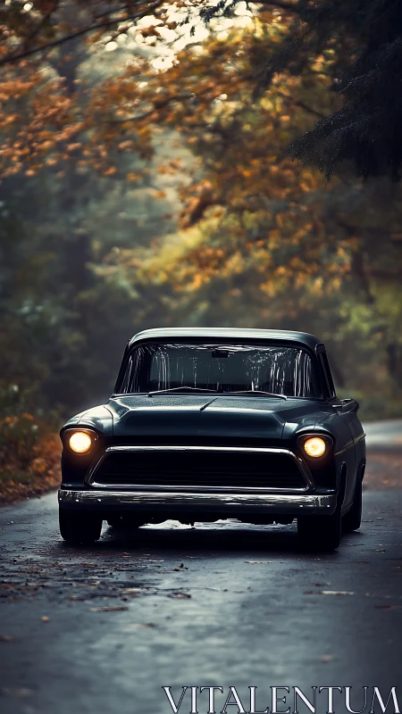Vintage dark pickup truck on wet forest road at dusk.
