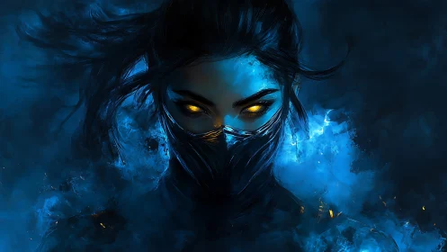 Digital painting portrait of masked warrior in blue energy field.