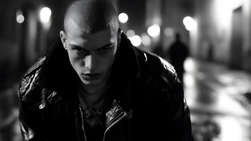 Moody street portrait in high contrast monochrome alleyway night