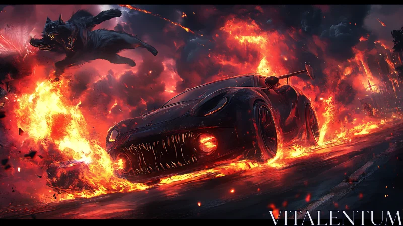 Demonic flames-engulfed supercar charging through infernal city