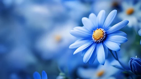 Blue daisy with yellow center in shallow focus.