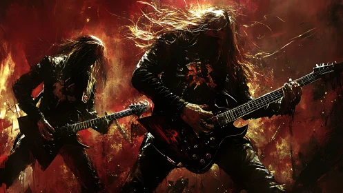 Two electric guitarists perform against abstract red background