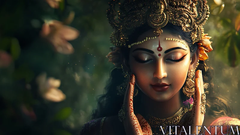 Serene goddess portrait holds meditative pose in lush garden