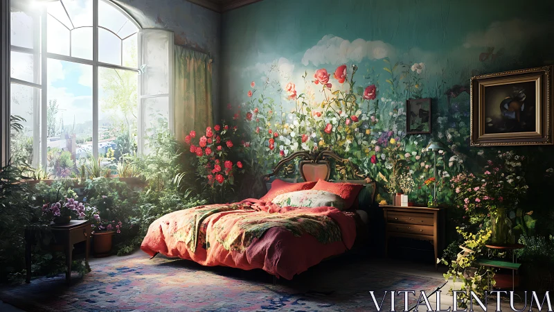 Sunlit garden bedroom where painted wildflowers awaken dreams.