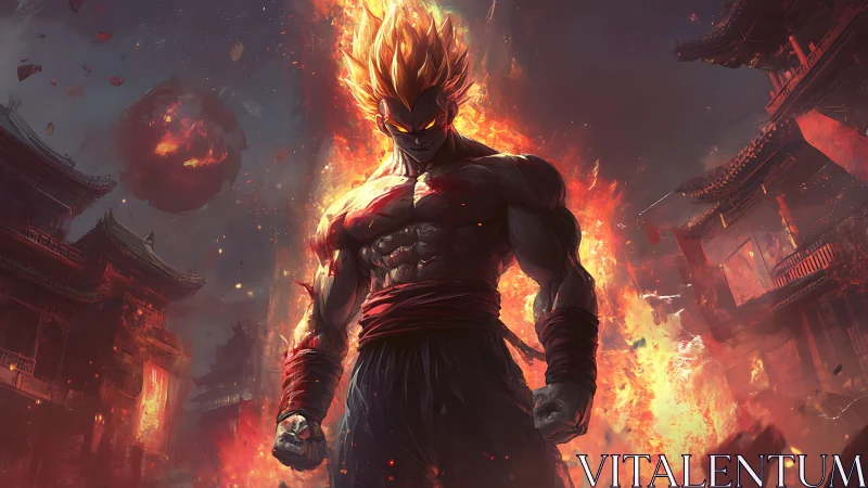 Fiery warrior stands in front of burning ancient city ruins