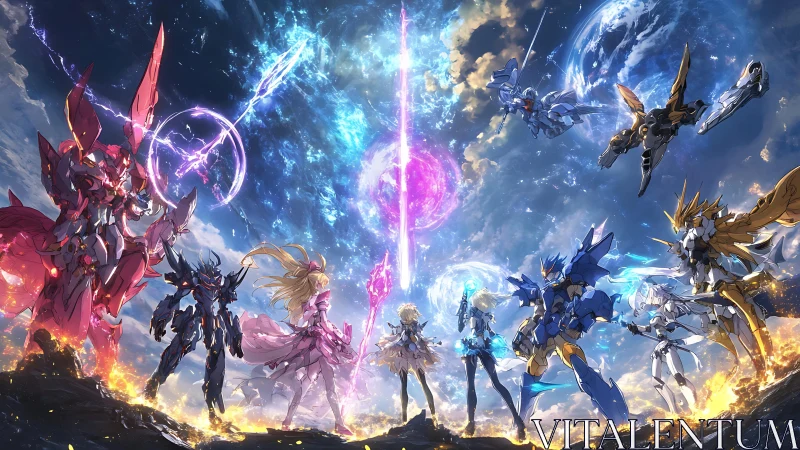 Starlit mecha queens circle a cosmic lance of destiny.