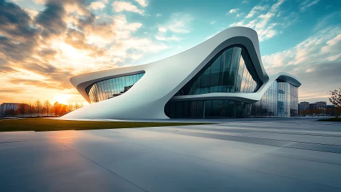Futuristic white cultural building curves against sunset sky