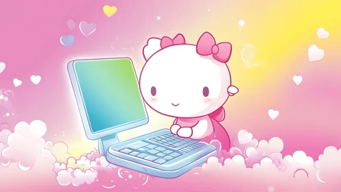 Kawaii character typing on pastel computer amid floating hearts