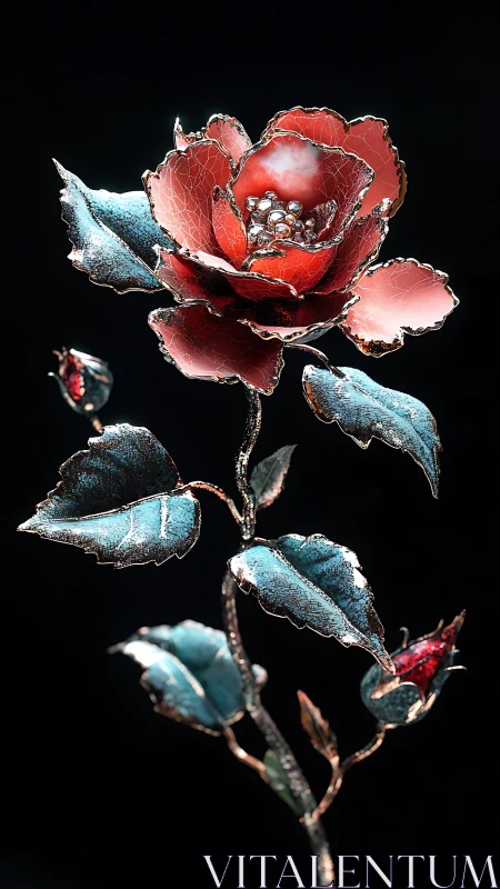Photorealistic metallic rose sculpture with enameled petals.