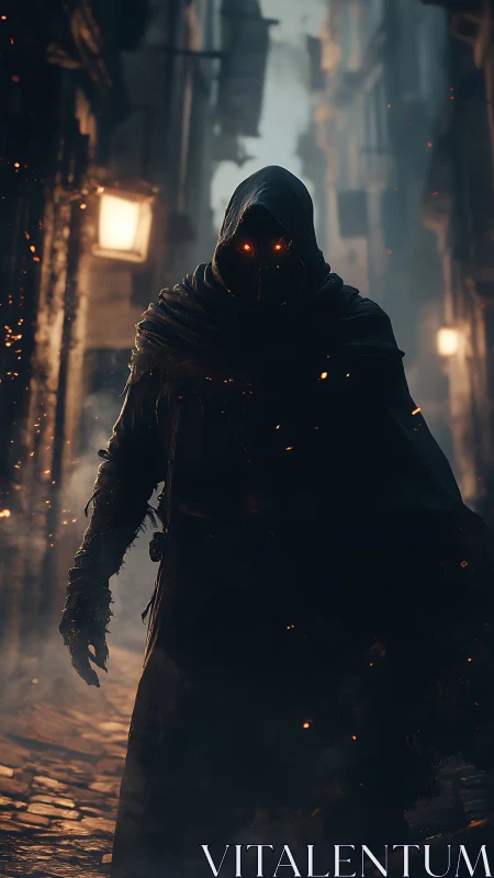 Hooded wraith advances through ember-lit medieval alleyway