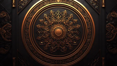 Ornate circular bronze mandala on dark decorative panel.