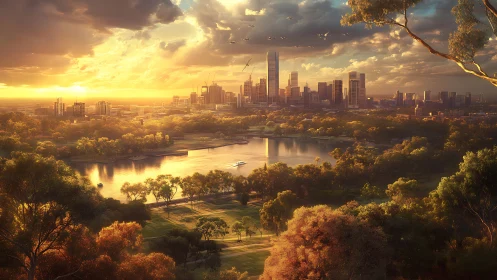 Urban skyline with central lake and surrounding parkland at dusk.