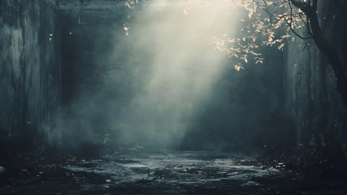 Sunlight shaft in enclosed concrete yard with lone tree.