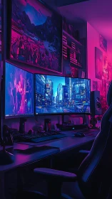 Neon-drenched battlestation hums quietly in midnight magenta