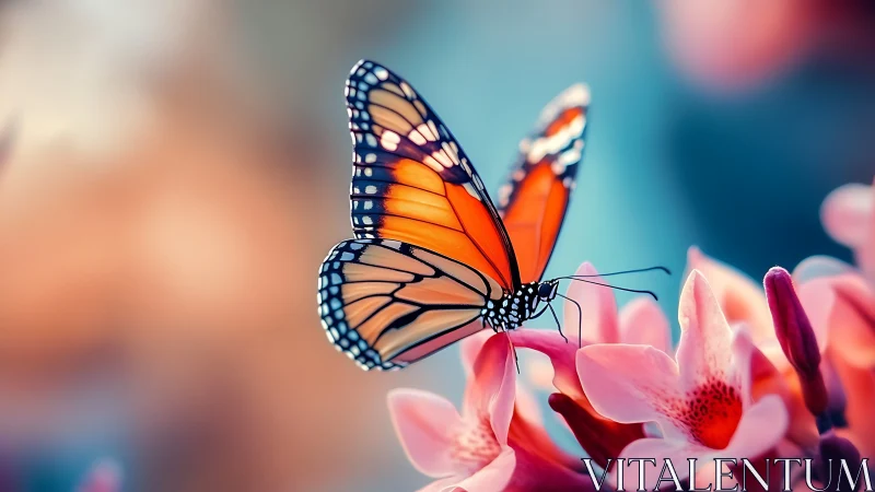 Monarch butterfly resting on vivid pink blossoms at dusk.