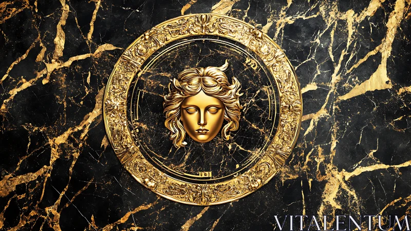 Golden mythic face rests within ornate marble circle