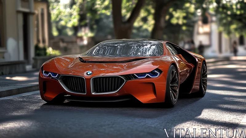 Orange BMW supercar glides through a shaded city street