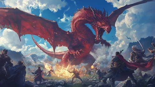 Red dragon facing armored warriors in open battlefield setting.