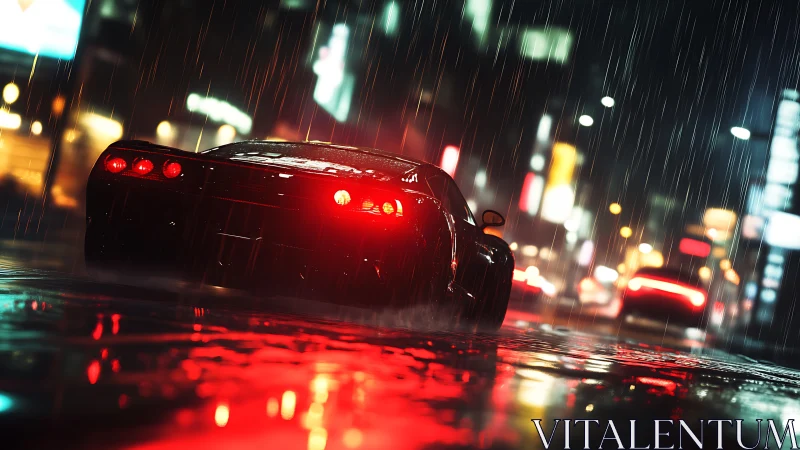 Rear wet-street supercar under neon rainlight scattering.