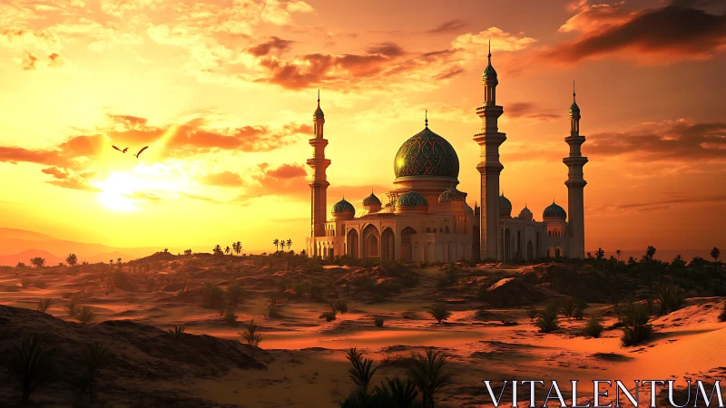 Sunlit domed mosque and minarets in desert landscape at dusk.