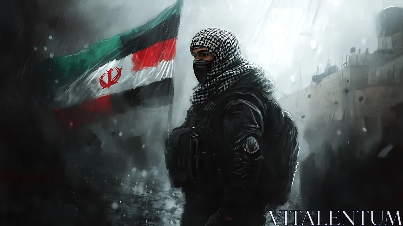 Militant figure stands in stormy urban ruins with flag raised.