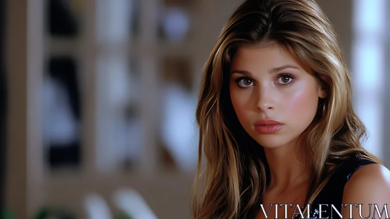 Portrait of young woman with blurred indoor background.