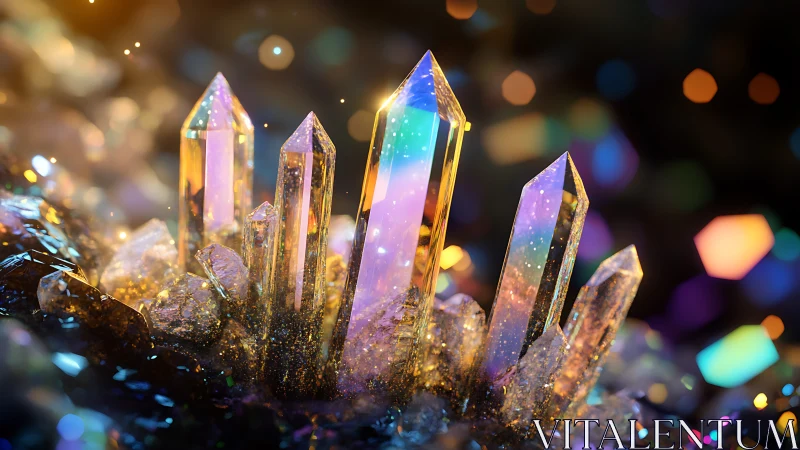 Iridescent crystal spires in glowing bokeh dreamscape.