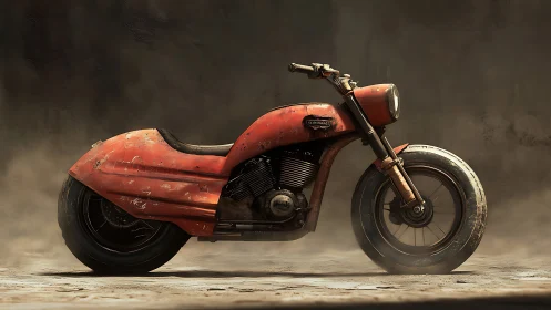 Rust-toned streamlined motorcycle in dusty neutral setting.