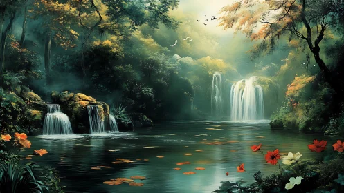 Luminous forest lagoon with tiered waterfalls and red florals