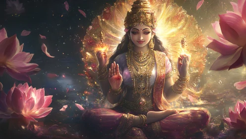 Golden lotus goddess meditates amid radiant cosmic light