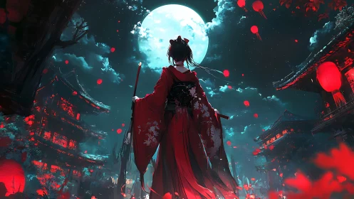 Figure in red kimono beneath full moon in lantern-lit street.