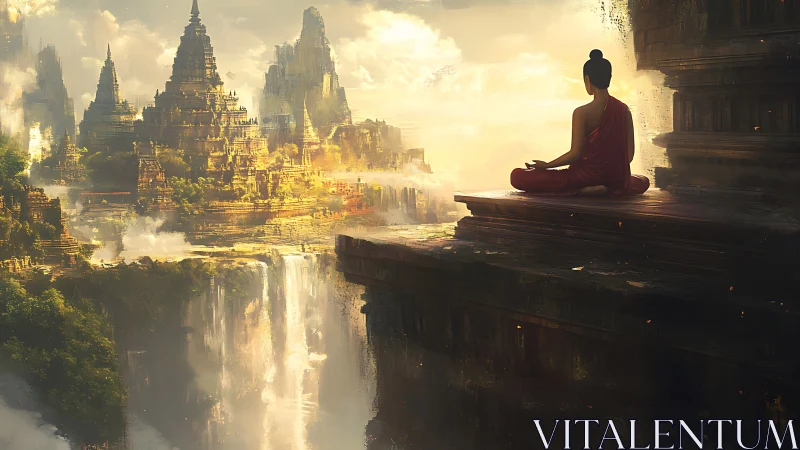 Monk overlooks luminous waterfall temples at sunrise.