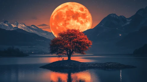 Lone ember tree crowned by colossal harvest moonrise.