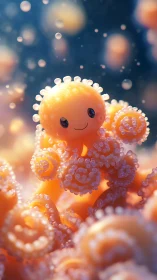 Playful orange octopus rendered in soft bokeh lighting.