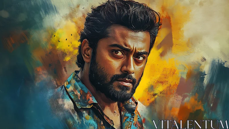 Intense bearded man amid vivid abstract brushstroke storm.