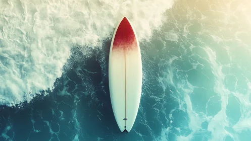 Surfboard floats like a quiet exclamation over teal waves
