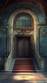 Ornate interior doorway with red carpeted stairway approach.
