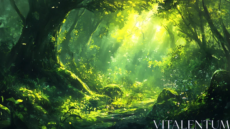 Enchanted Forest Path Glowing with Sunlit Wonder.