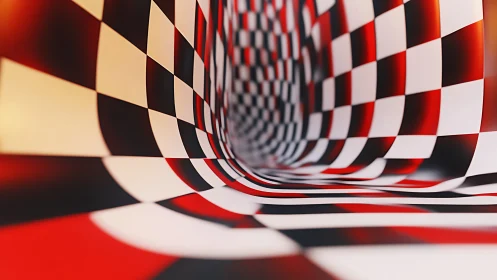 Playful red and white checkered tunnel bending into motion.
