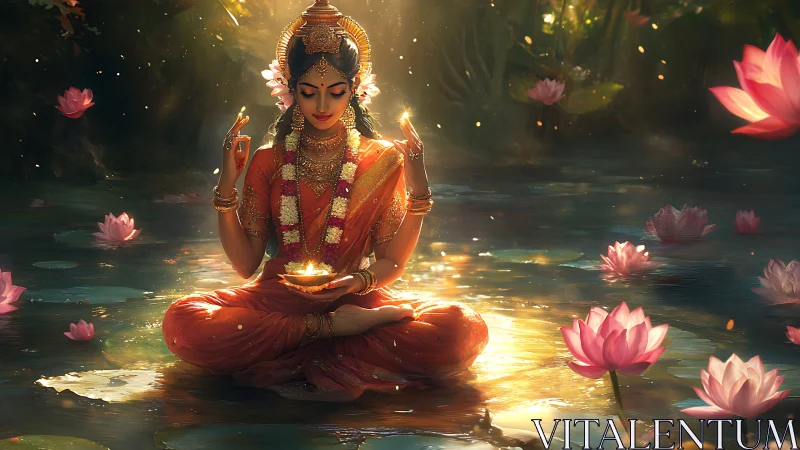Divine woman meditates amid lotus pond with volumetric rim lighting