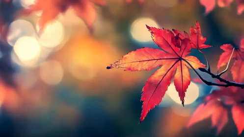 Glowing red maple leaf resting in a dreamy autumn light.