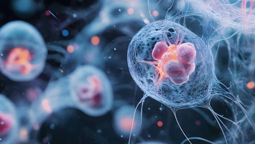 Microscopic View of Neural Cells in Futuristic Digital Art Style.